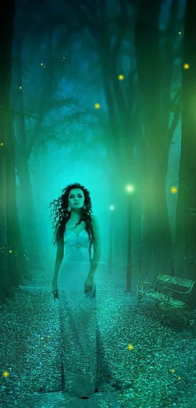 Mystical woman in glowing forest path wallpaper