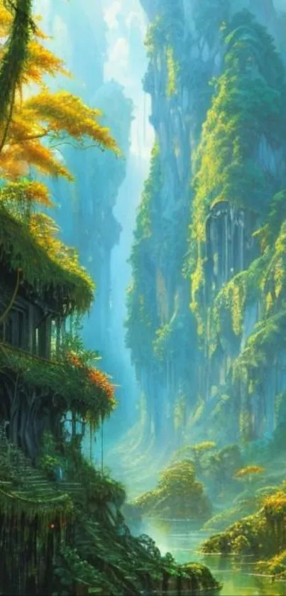 Mystical forest wallpaper with lush greenery and serene cliffs.