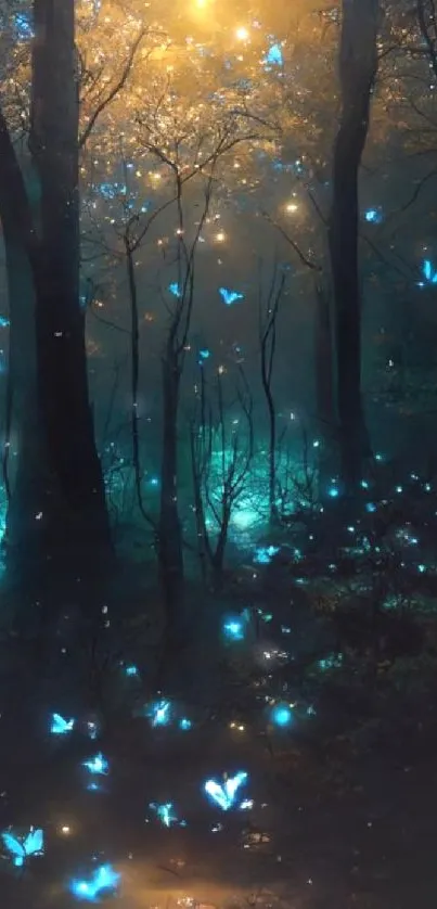 Mystical forest with glowing blue butterflies and ethereal lighting.