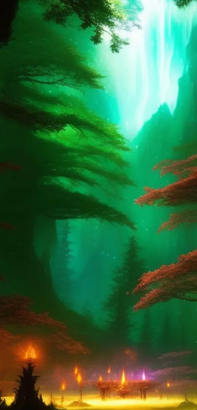 Mystical forest wallpaper with glowing lights and green tones.