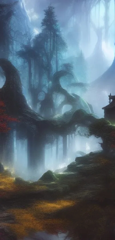 Mysterious fantasy forest landscape wallpaper.