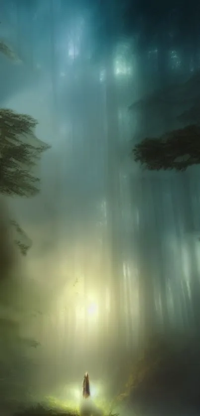 A mystical forest with towering trees and ethereal light.