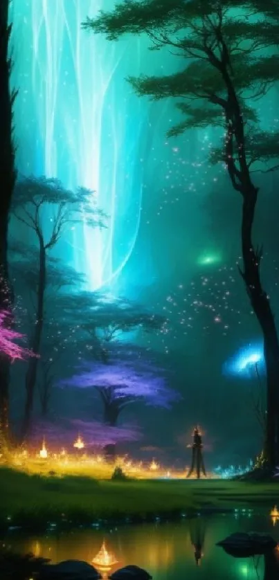 Mystical forest wallpaper with vibrant teal glow and colorful luminescent trees.