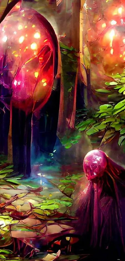 Mystical forest with glowing orbs and vibrant greenery in a fantasy wallpaper.