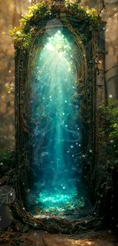 Enchanted forest portal wallpaper with glowing teal light.