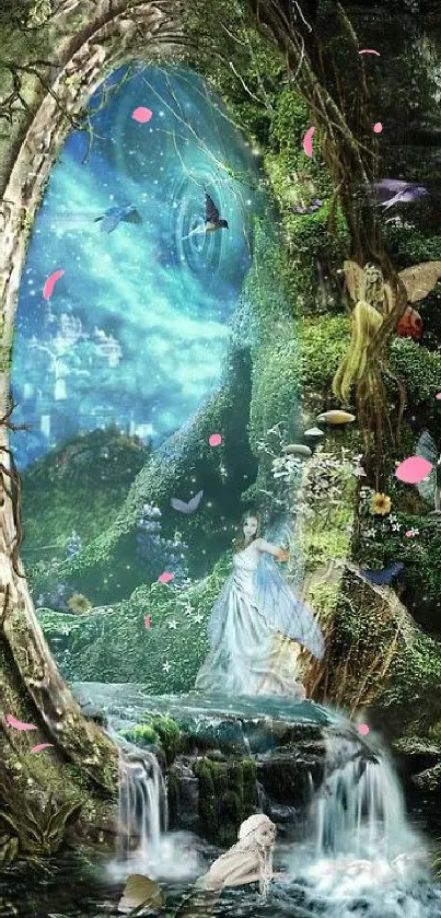 Enchanting forest portal with fairytale elements and lush greenery.