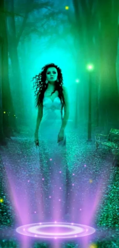 Mystical woman in forest with glowing portal and green hues.