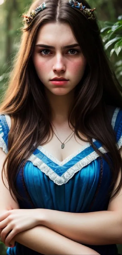 Young woman in blue dress in mystical forest setting.