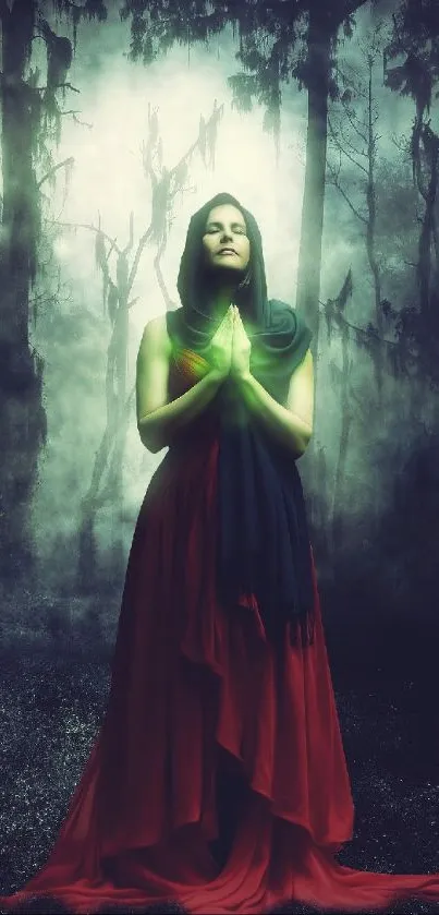 Woman in red dress praying in mystical forest with green glow.