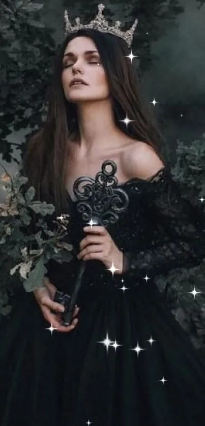 Mystical forest queen holding a key in a dark, enchanting woodland setting.