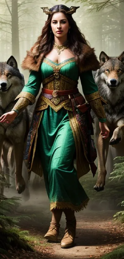 Fantasy forest queen with wolves in an enchanting green dress.