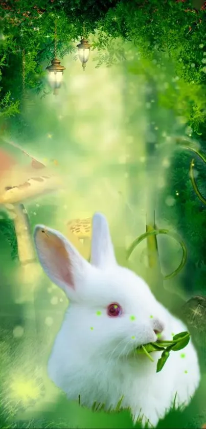 A white rabbit in a mystical green forest with mushrooms and glowing lights.