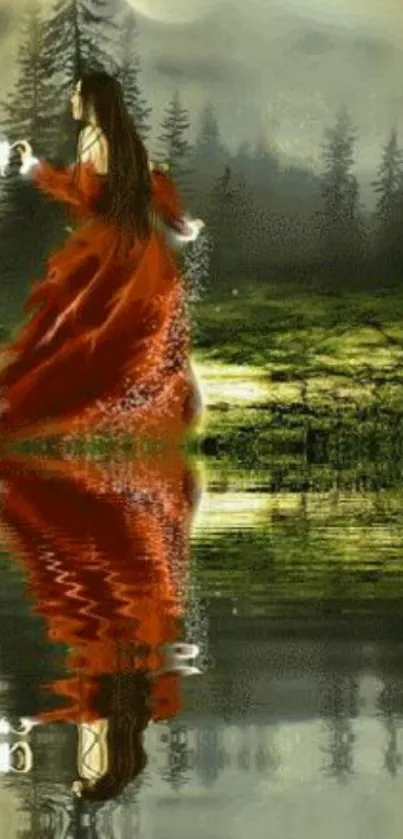 Woman in red dress with forest reflection.