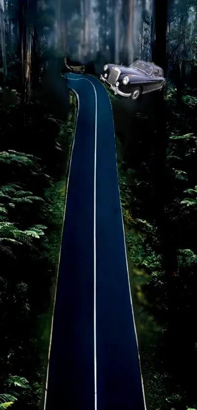 Vintage car above a dark forest road in mystic setting.