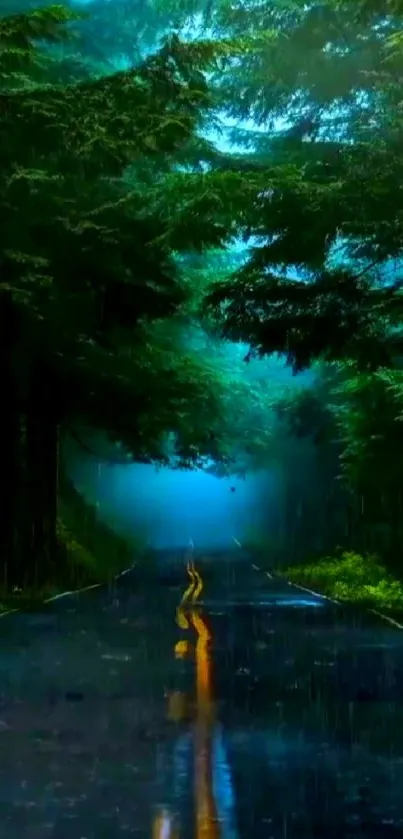 Misty forest road with lush green trees in a calming blue atmosphere.