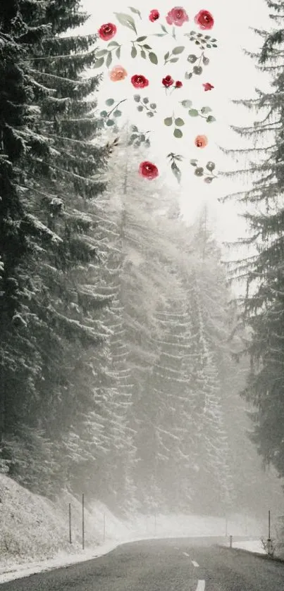 Mist-covered forest road with floating flowers.