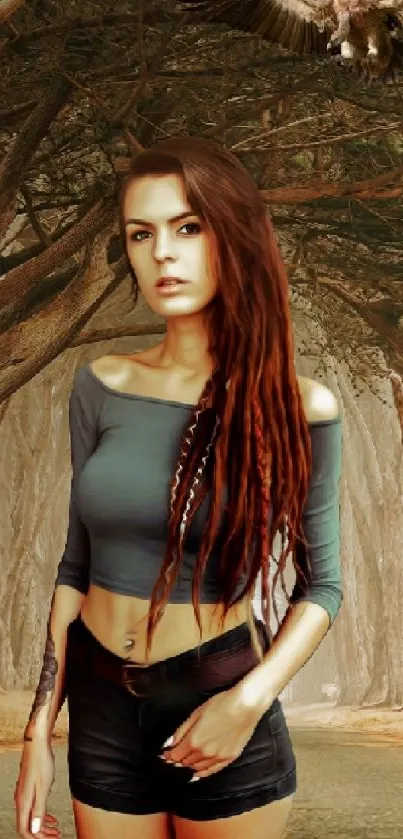 Mystical forest road with a woman and an eagle.