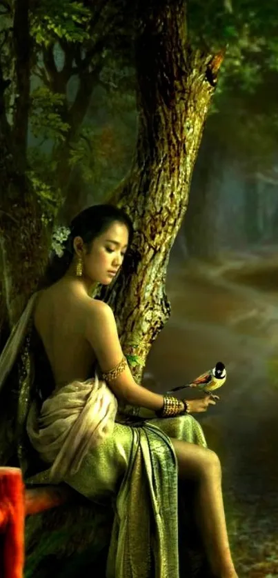 Serene figure by ancient tree in mystical forest wallpaper.