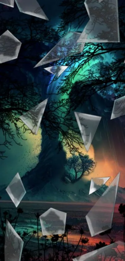 Mystical forest with shattered glass under a teal night sky.