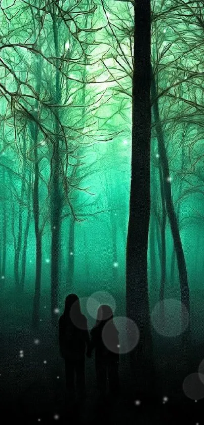 Mystical teal forest with silhouetted figures.