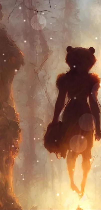 Silhouette in mystical forest with warm amber glow.