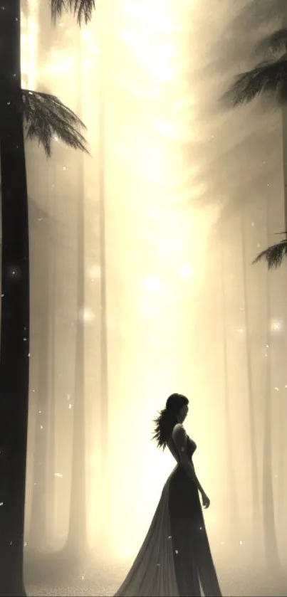 Silhouette of a woman in a misty forest with sepia tones.