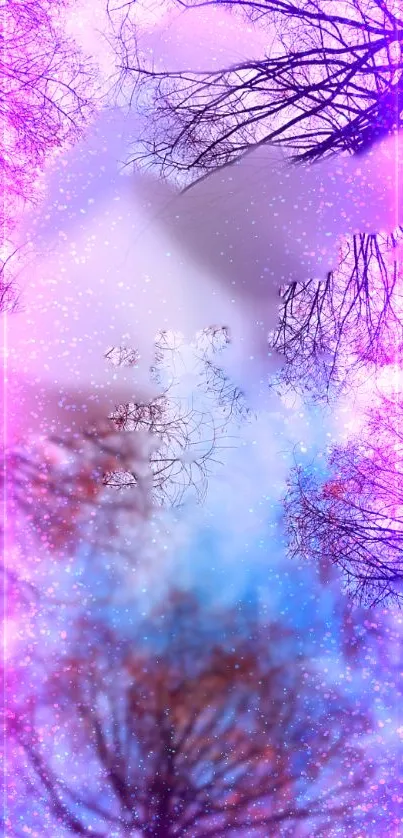 Mystical forest sky with vibrant colors and ethereal light effects.