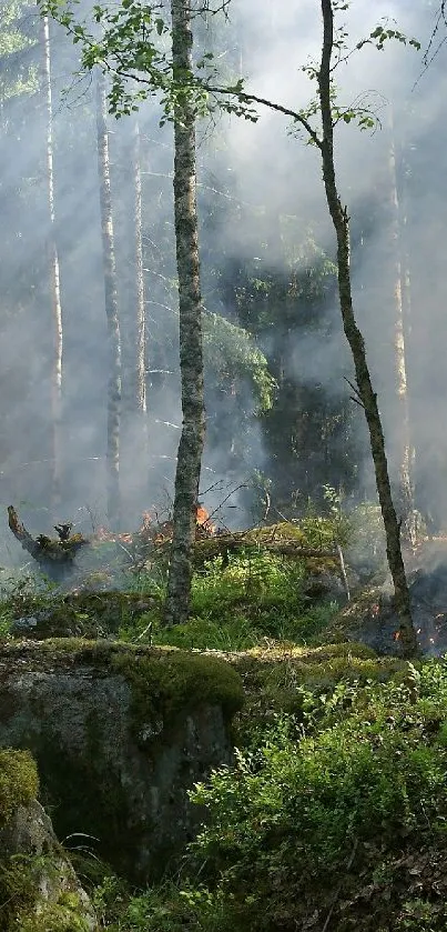 Serene forest scene with smoke and lush greenery, perfect for mobile wallpaper.