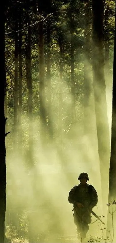 Soldier walking in a sun-dappled, misty forest.