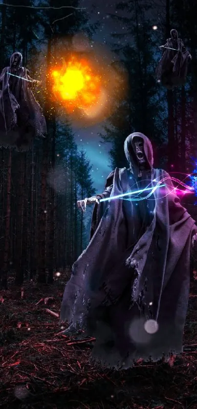 Sorcerer conjuring magical orbs in a dark mystical forest.