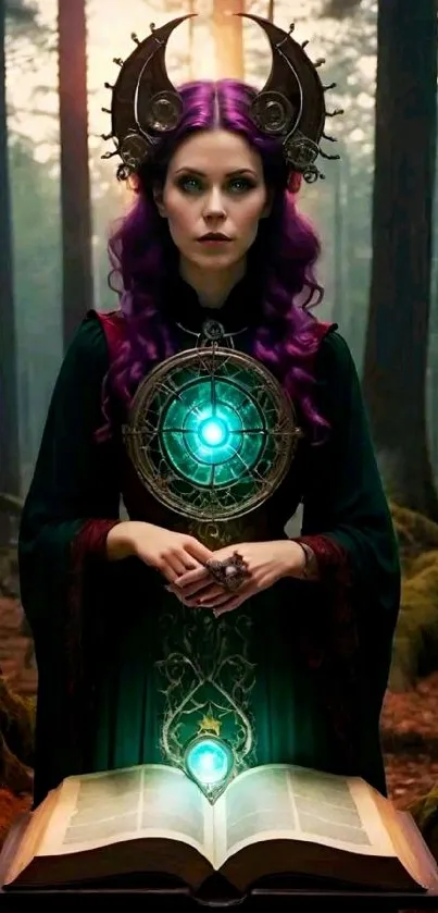 A mystical forest sorceress holding a glowing book.