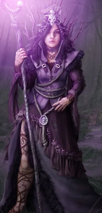 Mystical sorceress in purple forest holding a staff.