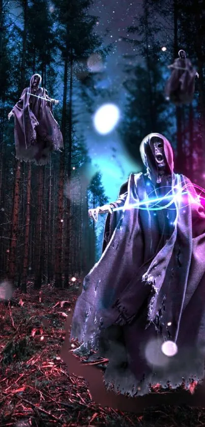 Ghostly figures in a mystical dark forest with vibrant lights.