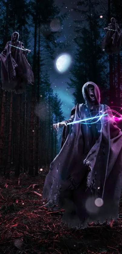 Haunting specter in mystical forest with glowing lights.