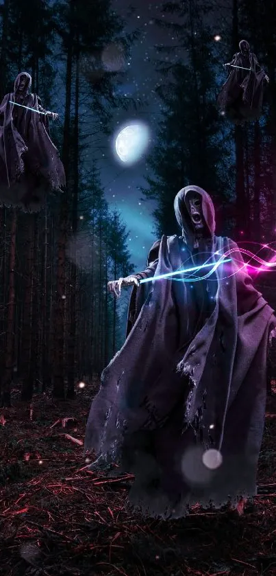 Ghostly specters hover in a dark, eerie forest.