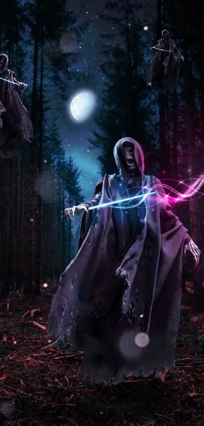 Ghostly figures in a dark forest with neon lights, perfect for mobile wallpaper.