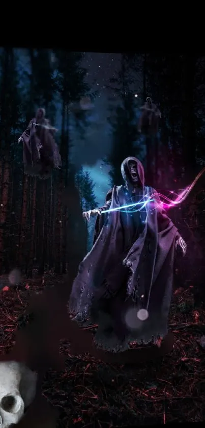 Mystical forest spirit amidst a dark, enchanting forest with luminous trails.