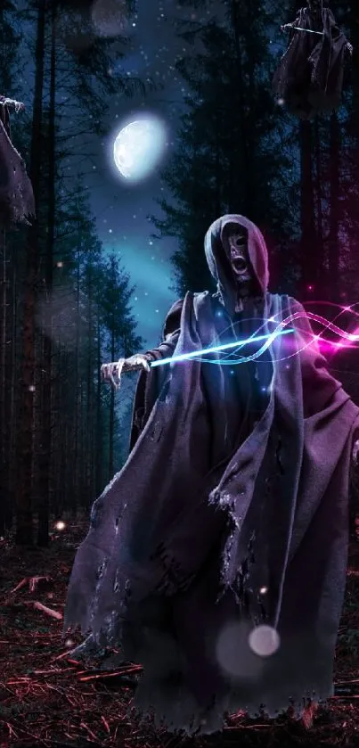 Hooded spirit in a mystical, moonlit forest with magical, glowing aura.