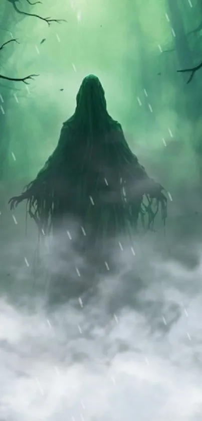 Mysterious forest spirit in green fog.