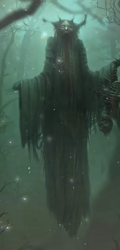 Mystical forest spirit emerges in dark green hues, eerie and enchanting.