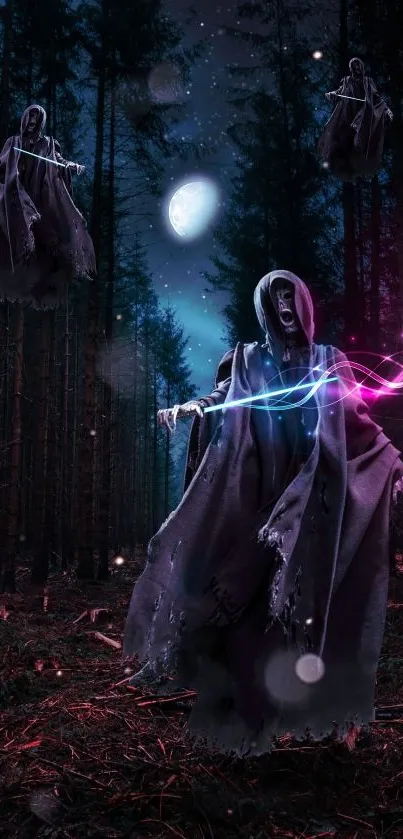 Hooded figures in a magical forest with glowing lights at night.