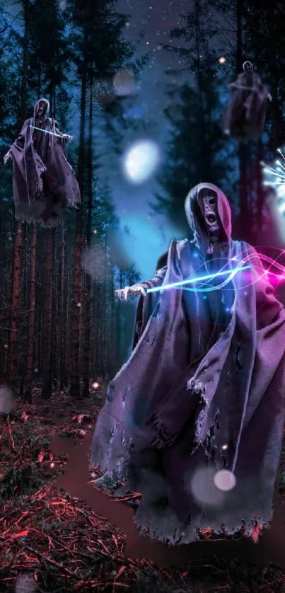 Hooded spirits in a magical forest with colorful spells under a dark sky.