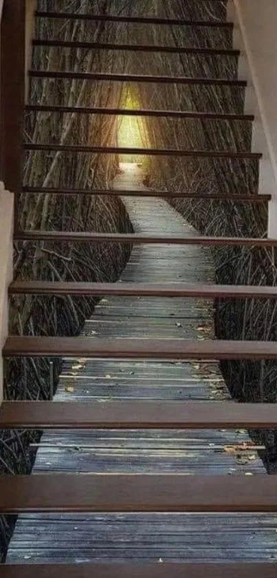 Stairway illusion blending with mystical forest path.