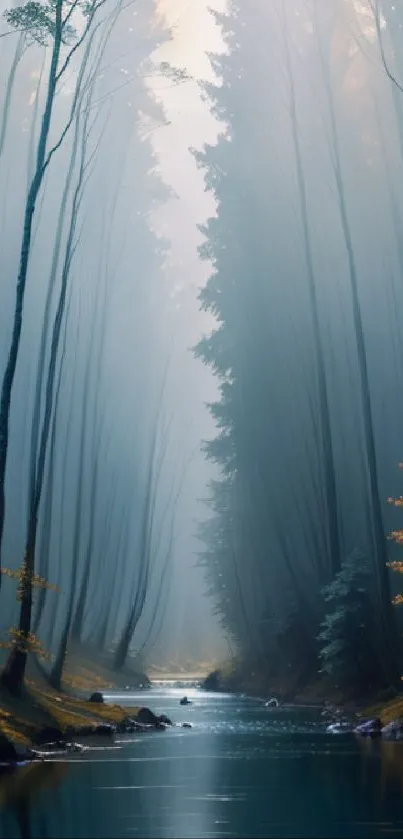 Mystical forest with a serene stream and towering trees in the morning light.