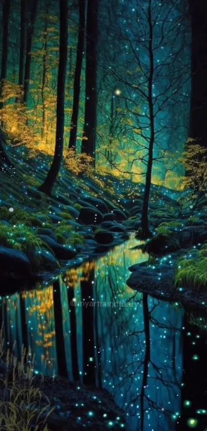 Mystical forest stream with fireflies and vibrant foliage background.