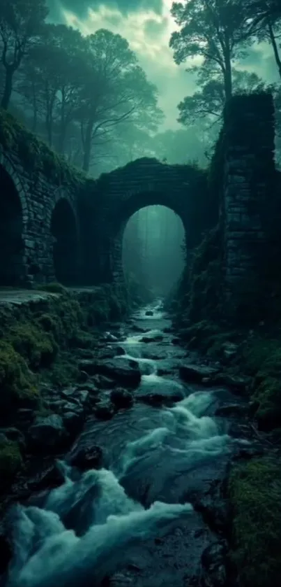 Mystical forest with stream under ancient arches.