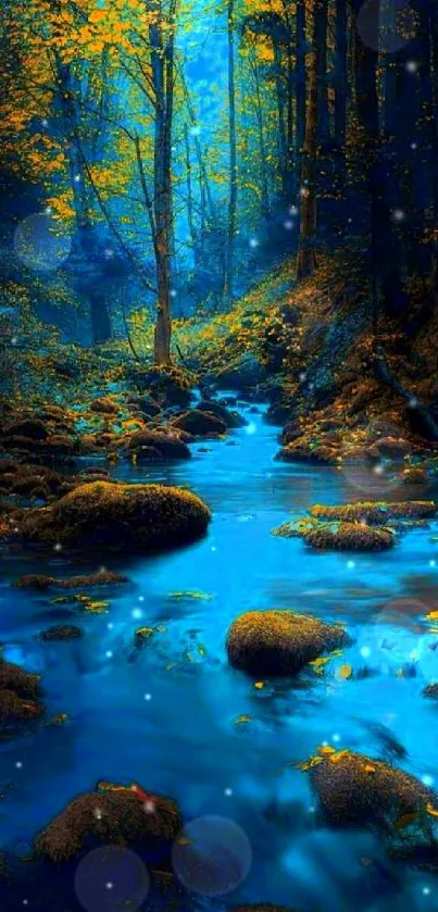 Enchanting forest stream with vibrant blue water and autumn leaves.