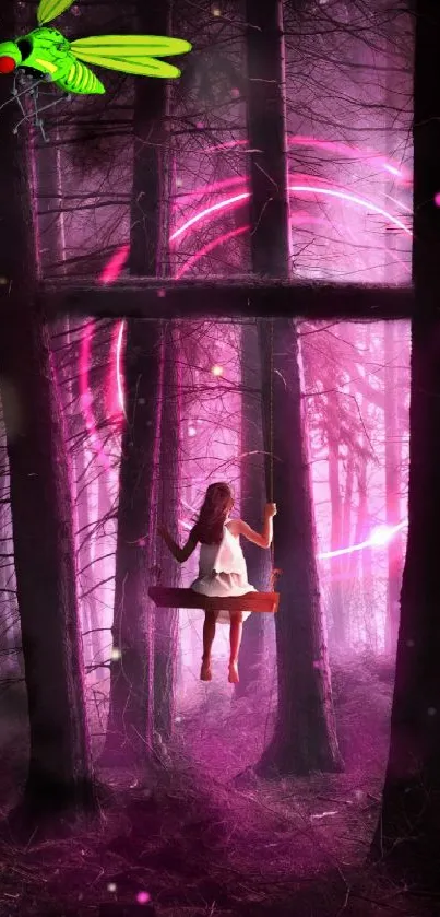 Girl swings in neon-lit mystical forest with magenta glow.