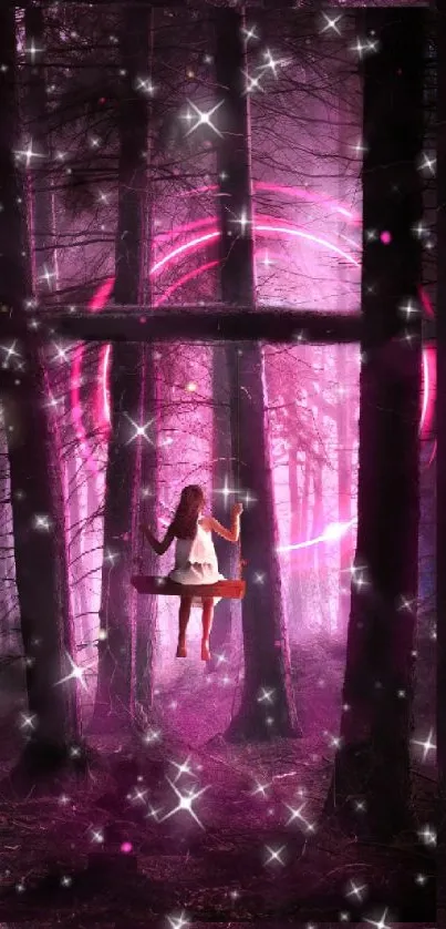 Girl swings in a mystical, glowing pink forest scene.