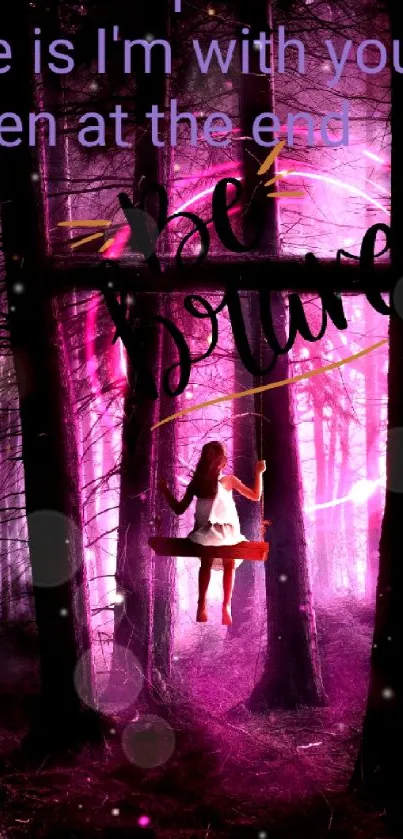 Girl swings in mystical pink forest with inspiring quote.